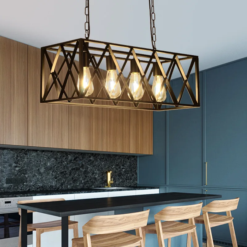 

Retro Rectangular Iron Frame LED Pendant Light American Style Restaurant Kitchen Hotel Lamps Kitchen Lighting Fixture