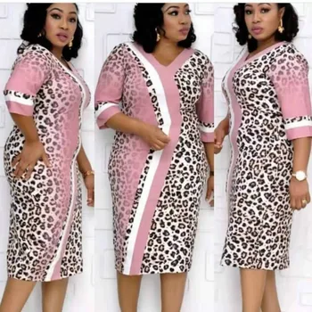 

Pink Cheetah Printed African Dresses for Women Office Work Wear Half Sleeve 2020 Spring Casual Midi Slim Fit Leopard Dress