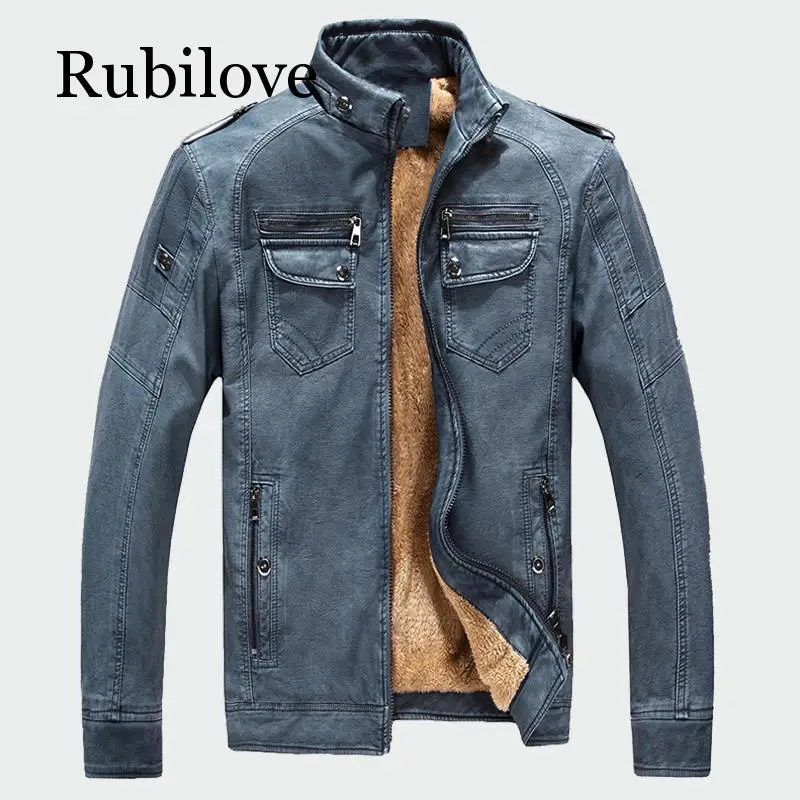 Rubilove мужские кожаные куртки зимние теплые из искусственного флиса плюс толстые теплые пальто Байкер Мотоцикл бархат ветрозащитная верхняя одежда