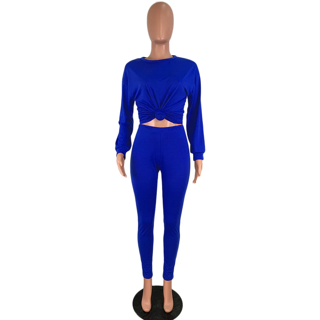Blue HAOYUAN, повседневный комплект из двух предметов, спортивный костюм, женская осенняя одежда, длинный рукав, бандажный топ+ штаны, наряд для дня рождения, комплект из 2 предметов - Color: Blue