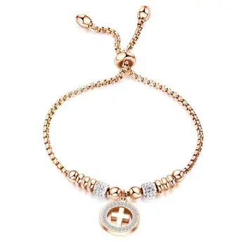

Rose Gold Plated Diamond Cross Bracelet with Adjustable Titanium Steel Bracelet for Ladies