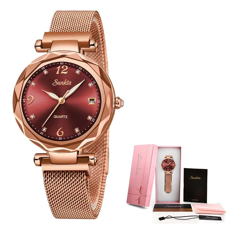 Rose gold red SUNKTA, роскошные женские часы, магнитные женские часы, кварцевые наручные часы, модные женские часы, reloj mujer relogio feminino+ коробка - Цвет: Rose gold red