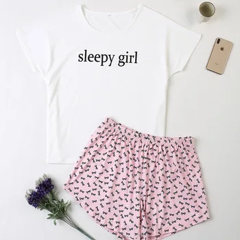 

2020 Summer Home Wear Casual Two Piece Letter Jacket Short Sleeve Pajamas Set Large Women's Pajamas Pink Home Clothes