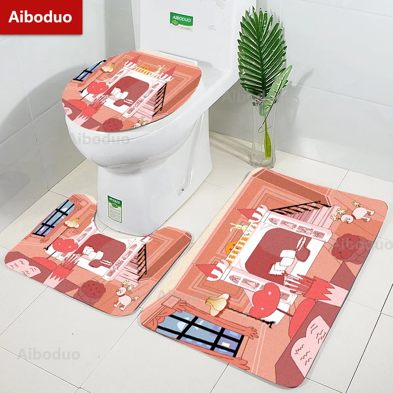 

Aiboduo Kawai Girly Cartoon 3pcs/set Toilet Lid Cover Set Bathroom Pad Carpet Non Slip Pink Home Decoration Contour Rug Bat Mat