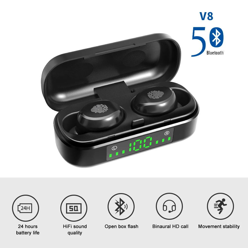 Новинка 5,0 Bluetooth наушники V8 беспроводные Heaset музыка Спорт стерео наушники водонепроницаемые наушники с светодиодный дисплей наушники