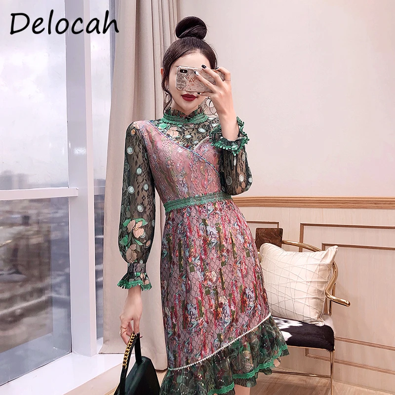 

Delocah Autumn Women Fashion DesignerÂ Party Midi Dress Long Sleeve Lace Beading Sequined Ladies Asymmetrical Dresses vestidos