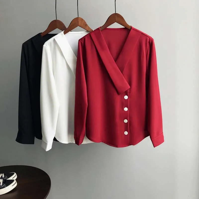 

Autumn Spring New Female Blouse V Neck Chiffon Shirt Long Sleeve Femme Solid Color Red White Tender OL Blouse Casual Shirt