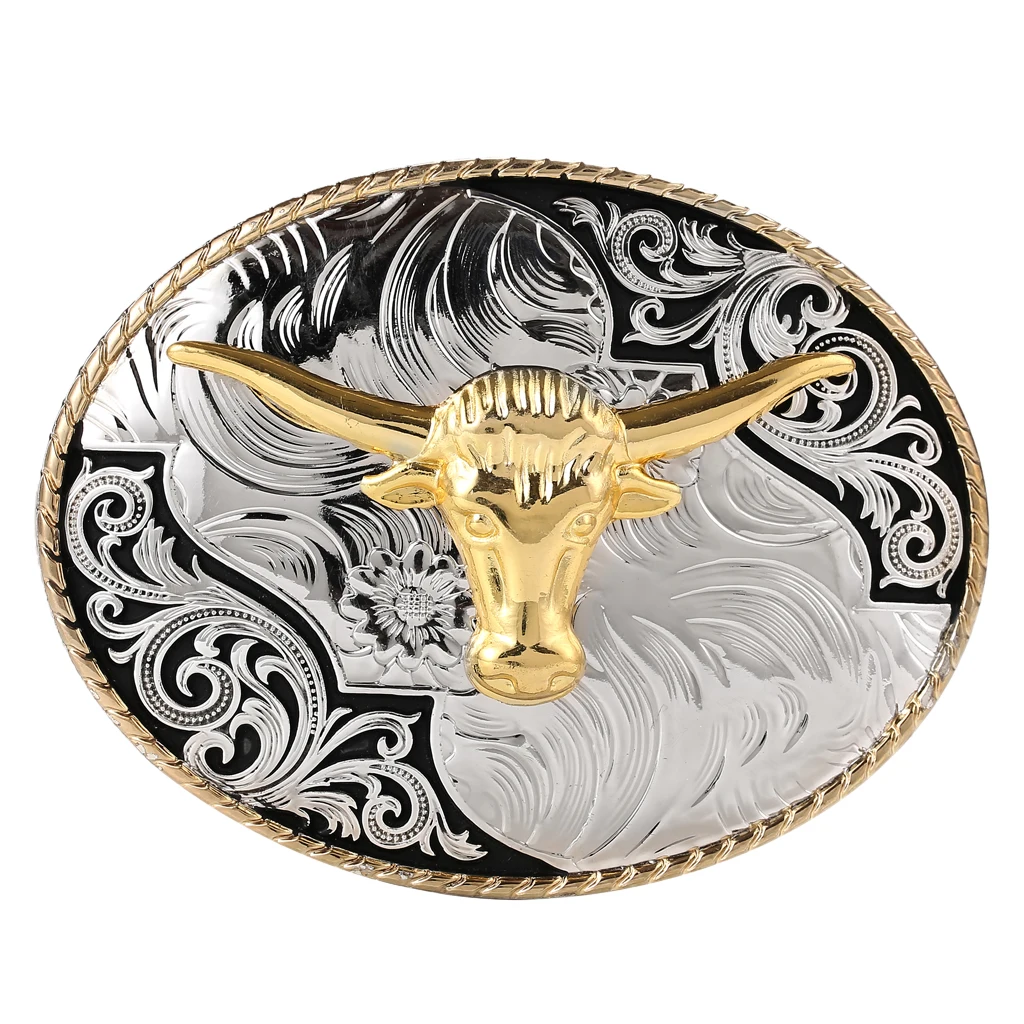 Fashion Western Belt Buckles Engraved Gold Horn Bull OX Head Rodeo Cowboy