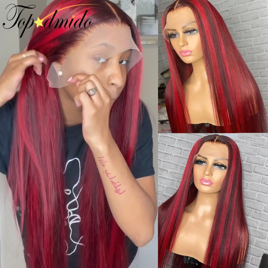 TRENDING! Topodmido 13x4 Lace Front Wigs with Baby Hair Red Highlight Color Brazilian Remy Human Hair Wig for Women 4x4 Lace Closure Wigs
