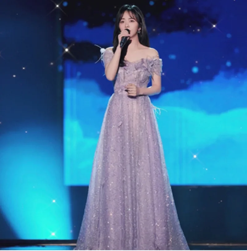 

2021 Newest Designer Summer Women Fashion Elegant Strapless Party Long Dress Temperament Host Purple Sequins Mesh Vestidos Mujer