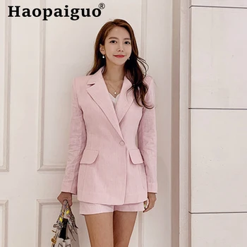 

Plus Size 2019 Autumn Winter Women Two Piece Set Pink Singer Button Blazer and Shorts Office Work 2 Piece Set Women Fall Clotes