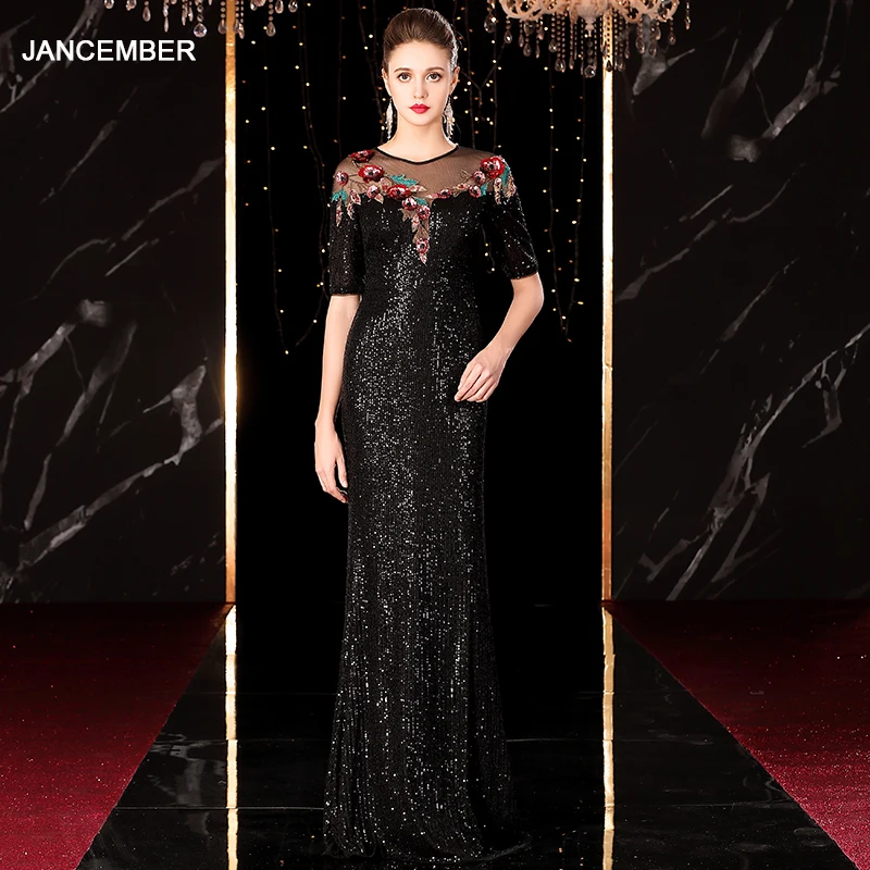 

J20109 jancember elegant long evening dresses o-neck half sleeve sequin sexy party dresses vestido largo fiesta noche elegante