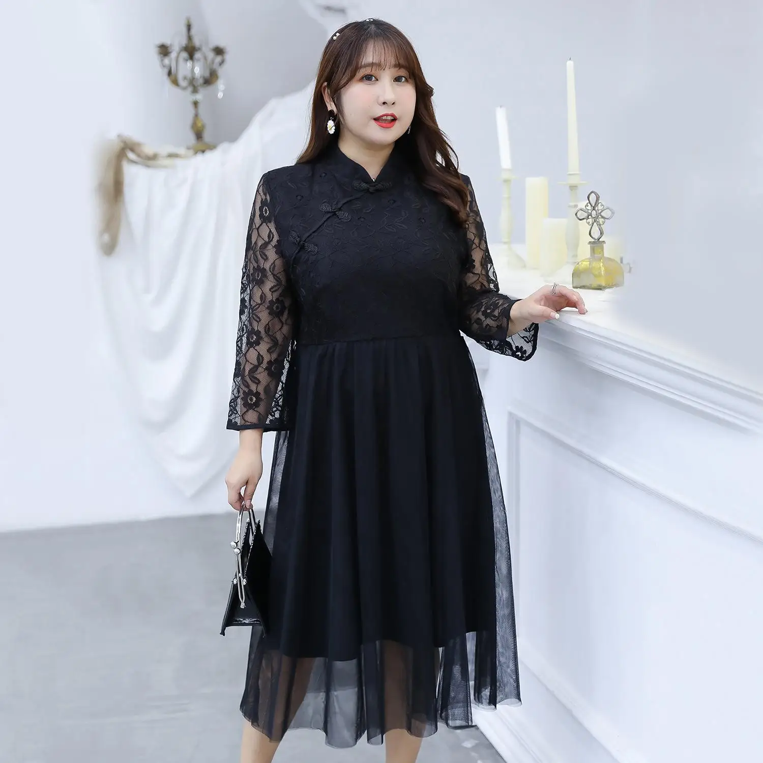 

4XL 5XL Long Sleeve Woman Long Dress Plus Size Autumn Vintage Mesh Embroidery Long Party Dress Stand Collar 5XL Large Size Dress