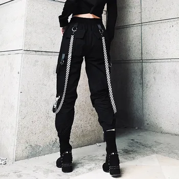 

Rosetic BF Style Cargo Pants Women Cool Streetwear Striped Ribbon Gothic Loose Hip Hop Sweatpants Jogger Dark Black Goth 2020