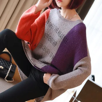 

Sweater O-neck Thin Letters Hit-colored Loose Woolen Pullover Autumn 2019 Winter Korean New Fleece Knitted Shirt Sueter Mujer