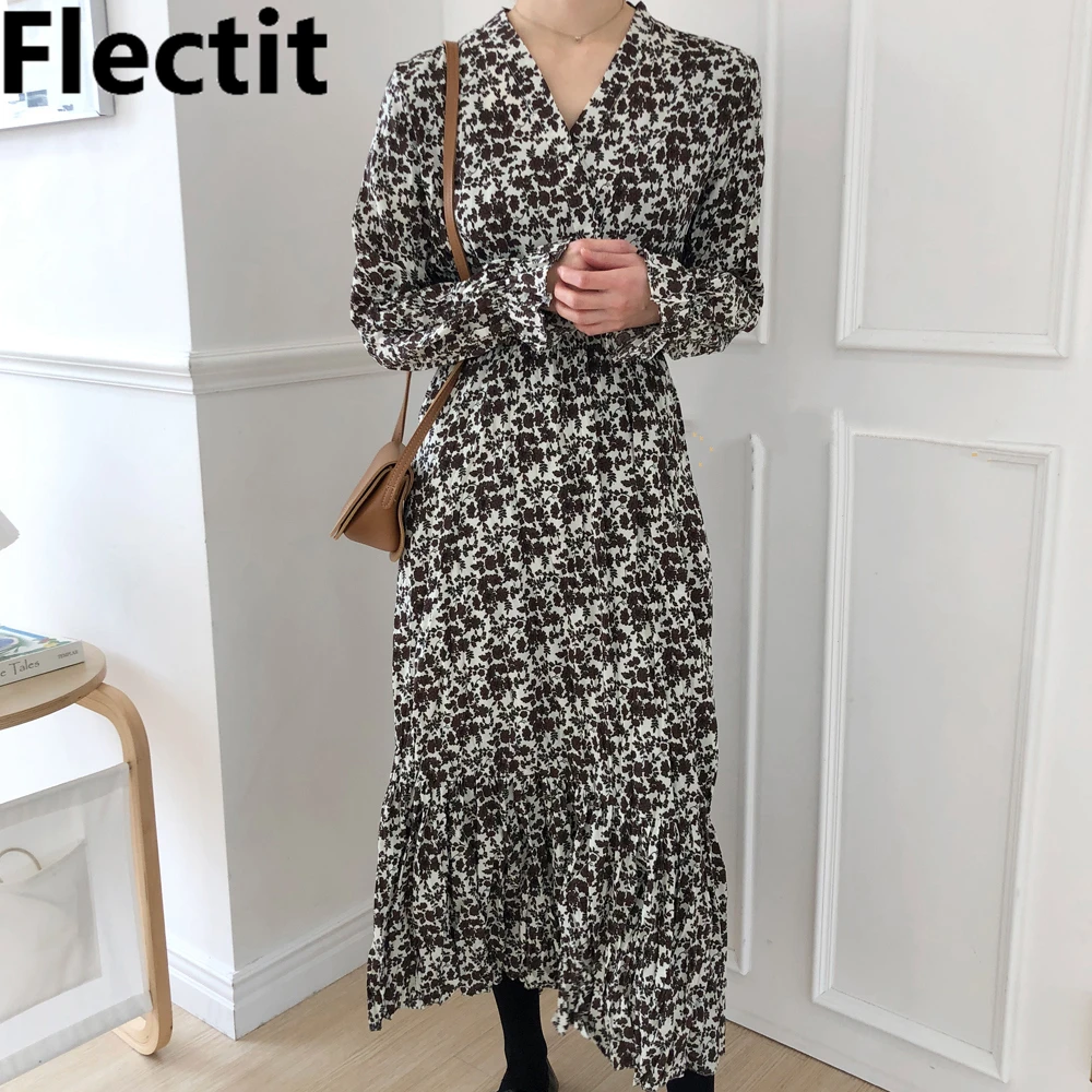 

Flectit Vintage Ditsy Floral Midi Dress Long Sleeve V-Neck Ruffled Women Dresses Fall Spring Vestidos *