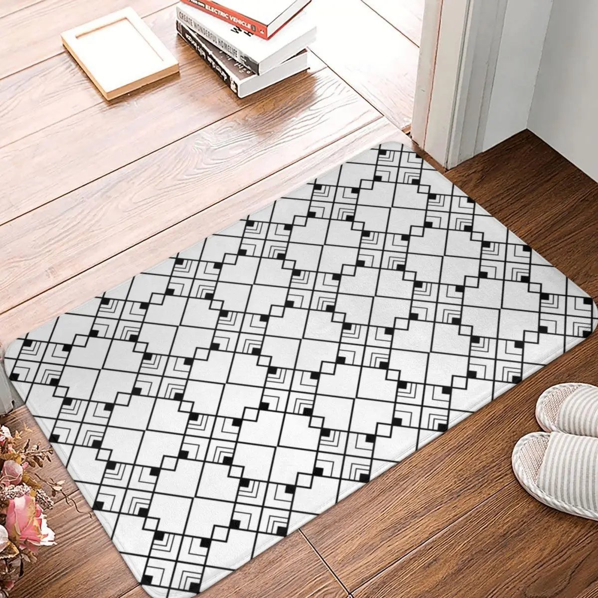 Rectangle Pattern In Black And White Doormat Carpet Mat Rug Polyester PVC Anti-slip Floor Decor Bath Bathroom Kitchen Bedroom | Дом и сад