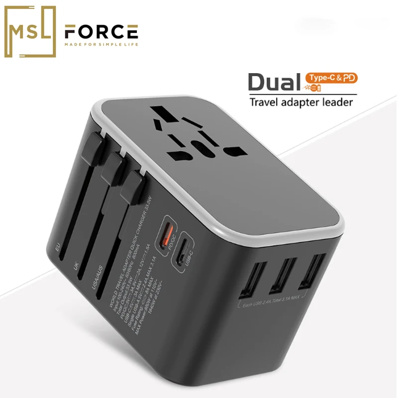 Black Gray Универсальный адаптер для путешествий с двумя usb c PD18w дорожный адаптер по всему миру дорожная розетка для iPhone Xs Max iPhone 8 plus - Цвет: Black Gray