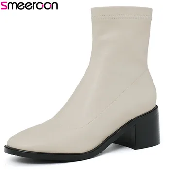 

Smeeroon 2020 hot sale thick heel casual shoes ladies stretch pu ankle boots round toe comfortable autumn winter boots women