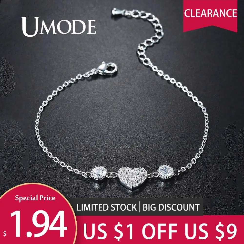 UMODE браслет в форме сердца, цепочка, браслеты для женщин, циркониевый браслет, модные украшения, подарки, аксессуары, бижутерия UB0119B