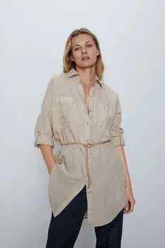 

2020 new Spring Summer European Cotton Linen Waistband zaraing women blouse Shirt vadiming sheining female shirt XDB2220