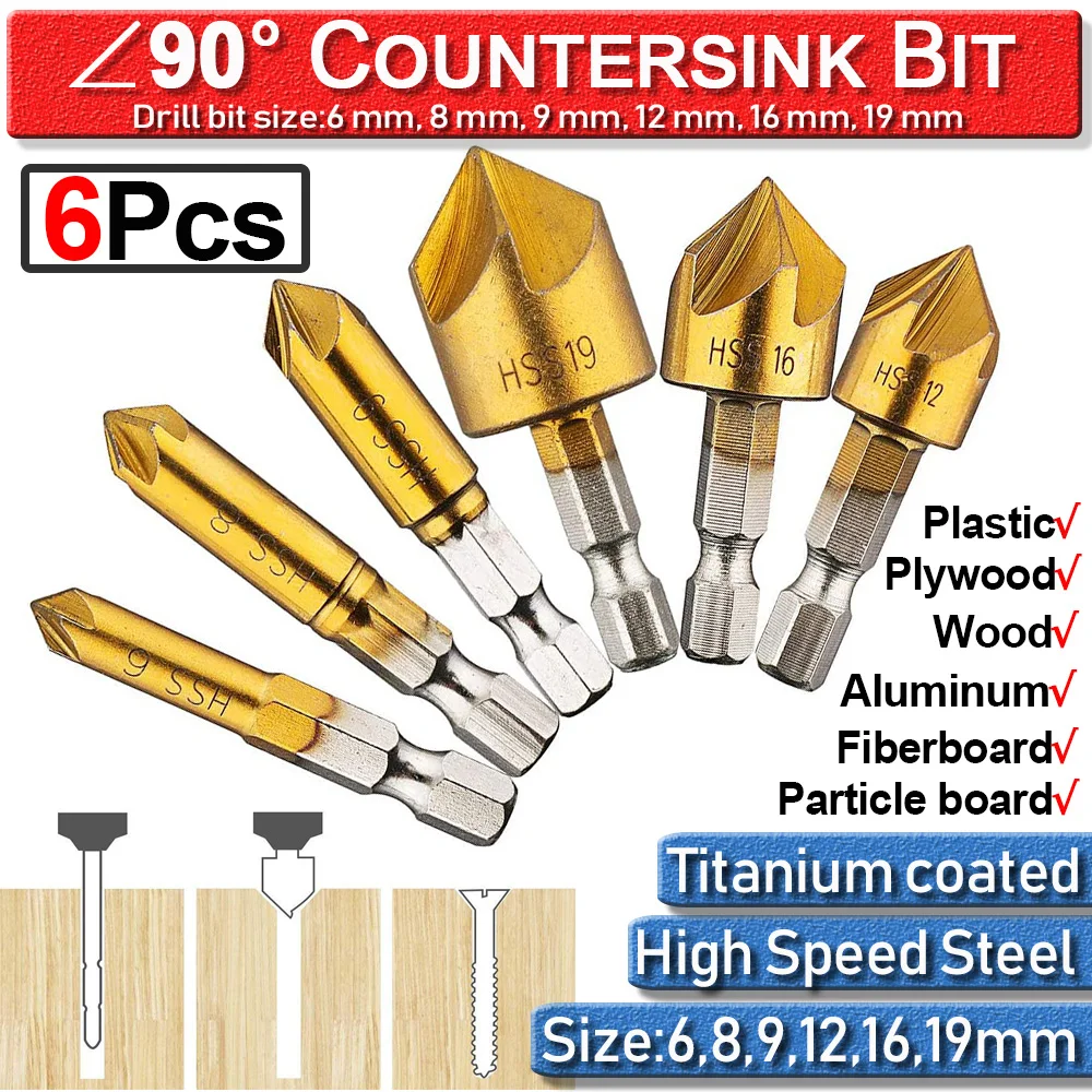

Cutter Countersink Bit Metal Countersink Drill Bit 6-19mm Wood Working 6Pc Chamfer Screw Hole 1/4" Hex 5 Flutes Tool Accessories