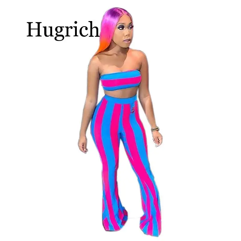 

High Quality Temperament 2 Piece Set Women's Suits Striped Crop Top And Flares Pants Festival Clothing Sexy Female Two Piece Set