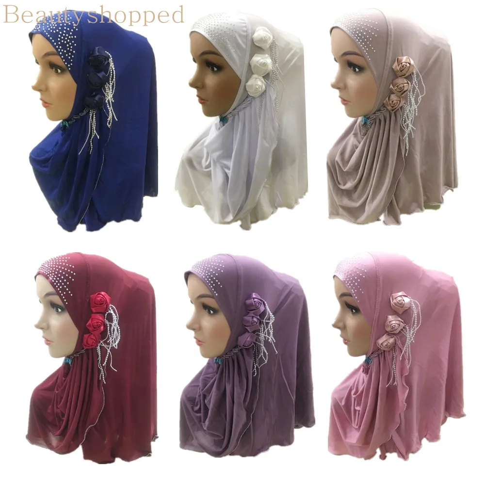 

Muslim Amira Hijab elastic fabric Rhinestone Floral instant convenient Muslima Shawl head wear scarf turban headband