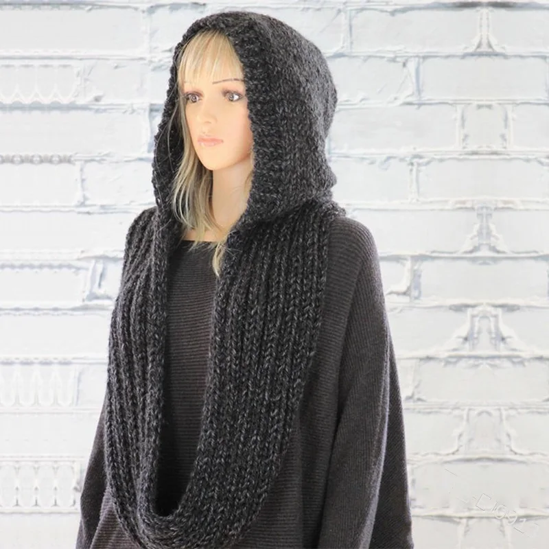Solid Color Wool Hat Scarf Women Fashion Casual Knit Hooded Scarf Autumn Winter Warm Retro Scarf With Cap 5