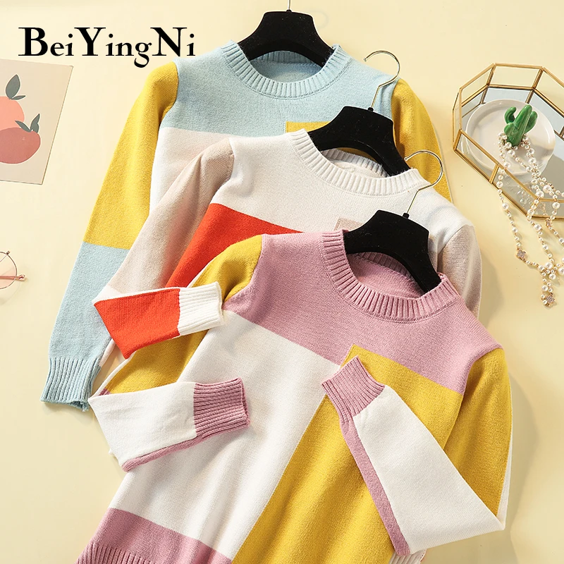 

Beiyingni 2019 Knit Sweater Women Spell Color Loose Korean Casual Vintage Knit Pullover Young Harajuku Jumper Fashion Cashmere