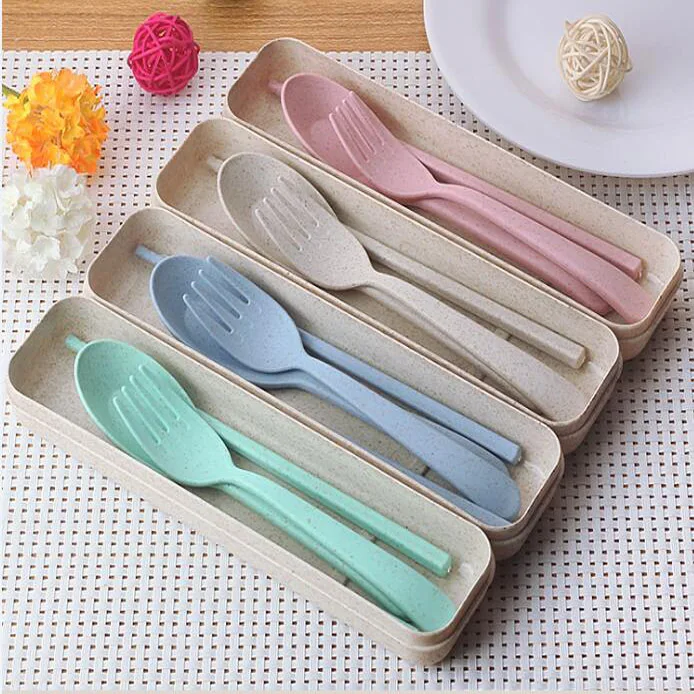 

Creative Wheat Cutlery Set Children Travel Portable Cutlery Boxed Dinnerware Set Student Chopsticks Fork Spoon Three-pc Suit