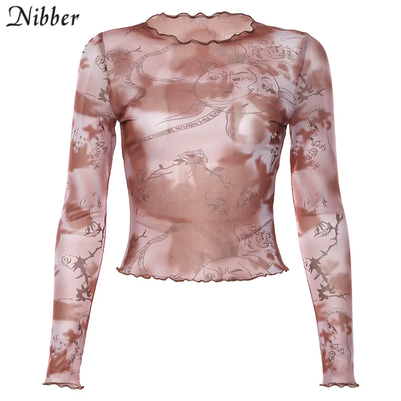 Nibber/Повседневная Базовая Сетчатая футболка с принтом, женские футболки, осенняя мода, с оборками, сексуальные прозрачные эластичные тонкие мягкие футболки, mujer