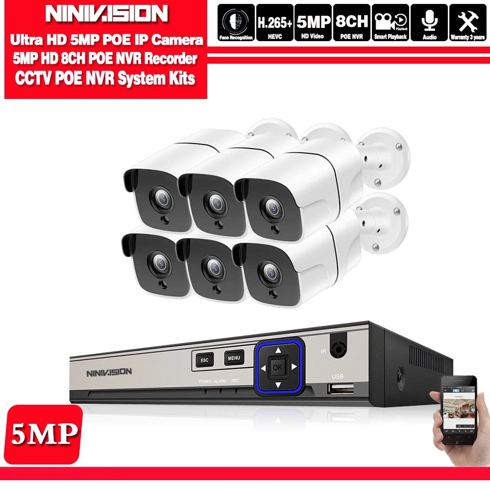 8CH NVR 6pcs camera 8CH 5MP POE Система аудио распознавание лица HD POE ip-камера P2P Облако 48V POE NVR CCTV система ночного видения комплект видеонаблюдения - Цвет: 8CH NVR 6pcs camera