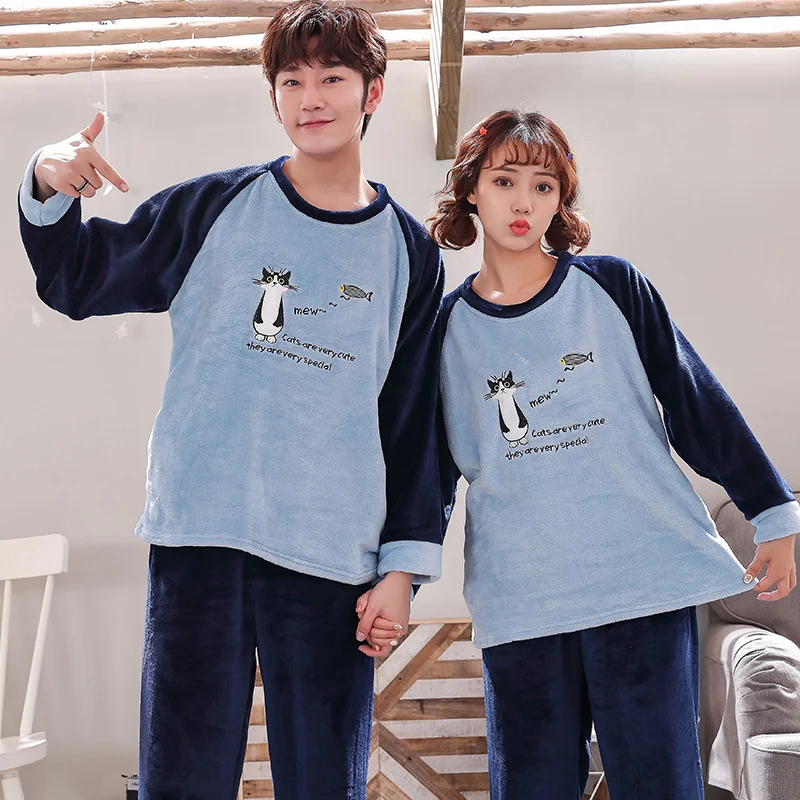 Thick Flannel Pajama Sets Couples Lovely Cat And Fish Women Sleepwear Plus Size 3XL Nightshirt Winter Warm Homewear For Male