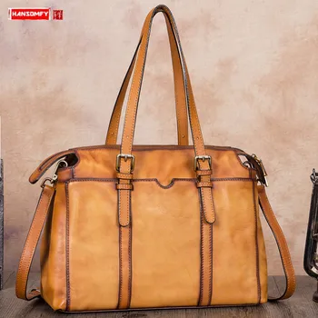 

Retro Leather Women Briefcase Handbag Shoulder Messenger Bag Large Capacity File Package First Layer Cowhide Female Cross Square
