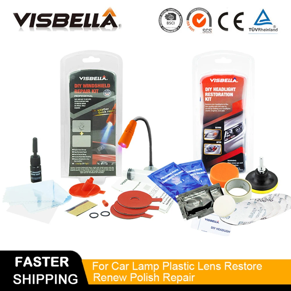 

Visbella DIY Windshield Repair kit with uv light windscreen Glass Crack Glue Adhesive and headlights restoration kit for car