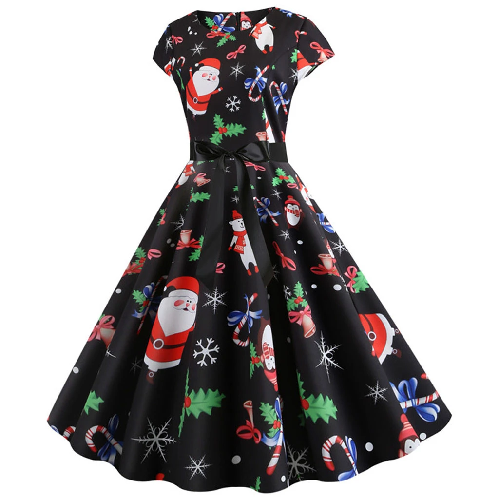 JAYCOSIN Summer Christmas Dresses Women Vintage Robe Swing Pinup Elegant Party Dress  Loose Short Sleeve Casual Plus Size 918