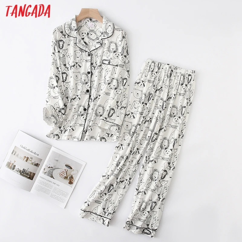 print Tangada женские костюмы с забавным животным принтом белые топы и штаны комплекты из 2 предметов Женское ночное белье Комплекты для близнецов Женский комплект YU34 - Цвет: print