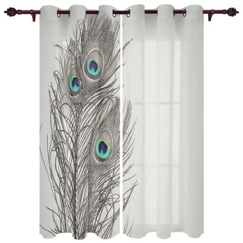 

Peacock Feather Grey Simple Window Curtains Kitchen Bedroom Decor Christmas Curtains Home Draperies Curtains for Living Room