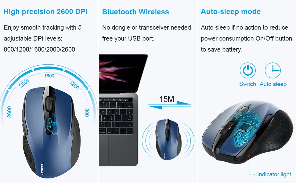TeckNet Bluetooth мышь BM307 синий 2600 dpi беспроводная мышь автоматический сон эргономичная мышь s для Xiaomi huawei компьютер ноутбук ПК