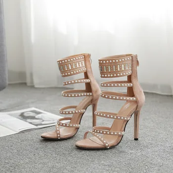 

2020 Summer New Luxury Women Fashion Nude Pears Buckle Zip Back Strips Stiletto Heel Party Wedding Sandals Pumps Shoes