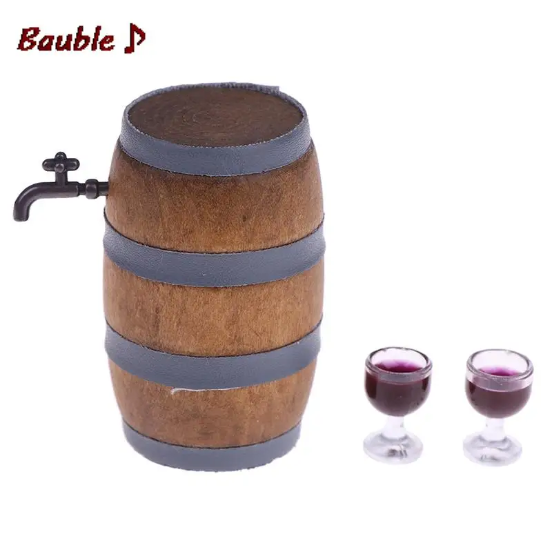 1:12 Miniature Wine Beer Barrel Cask Keg and Glass Set for Dolls House DecorationScale Dollhouse Accessories |