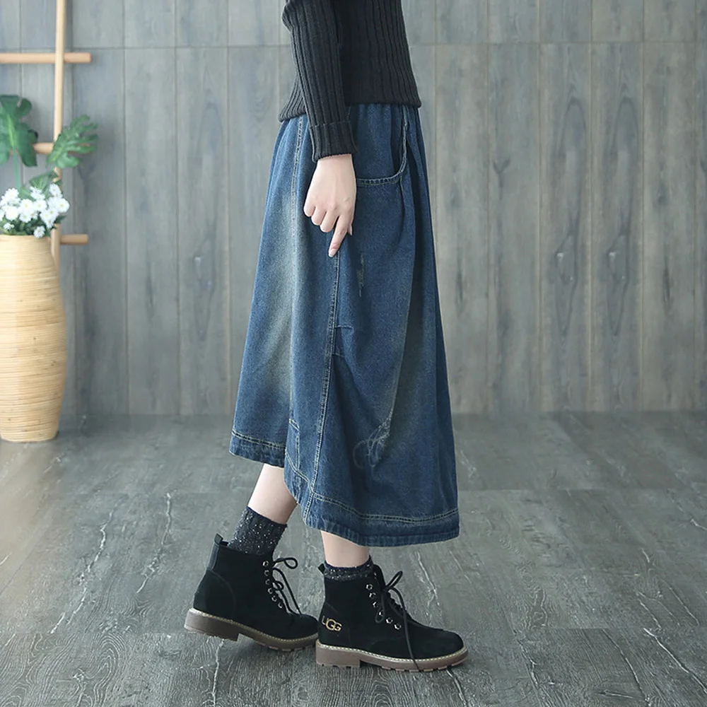 Осенне-зимние джинсовые женские макси юбки больших размеров в винтажном стиле с эластичной резинкой на высокой талии
