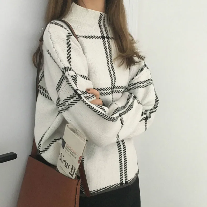 

2020 Winter New Women's Pullovers Sweater Fashion Plaid Turtleneck Loose Knit Full Sleeve Korean Casual Tops