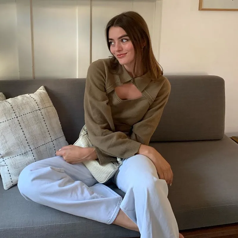 Autumn / Winter Women's Fake Two-piece Knitting Tops Long-sleeved Square-neck Hollow Solid Color Pullovers 2020 Lady Street Wear