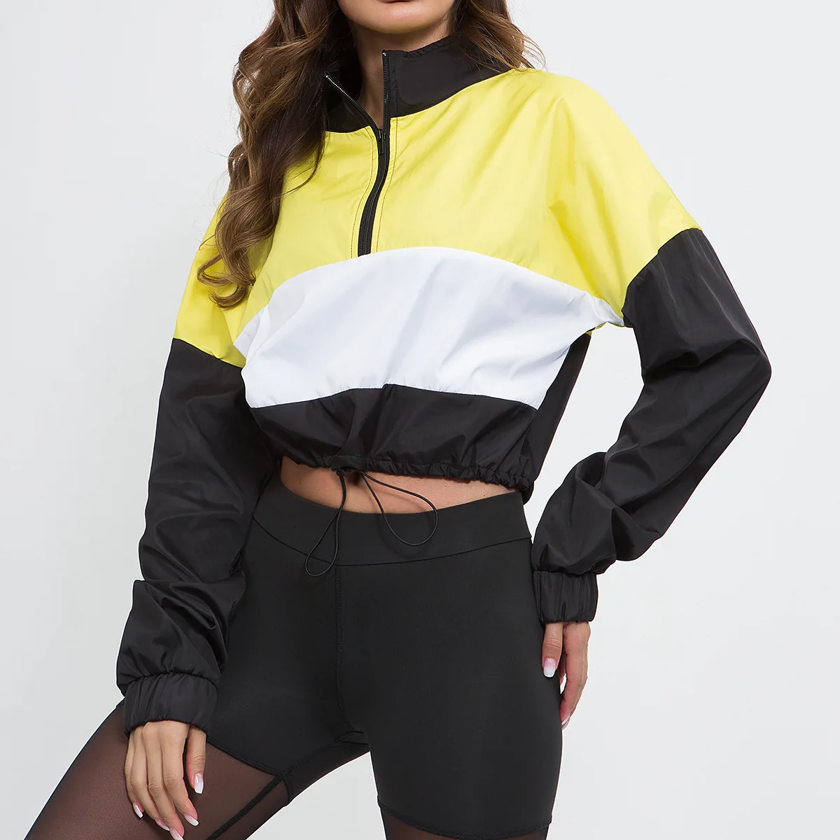 

contrast color cropped hoodie long sleeve stand collar front zipper fly sweatshirt poleron drawstring fitness crop top WT4612H