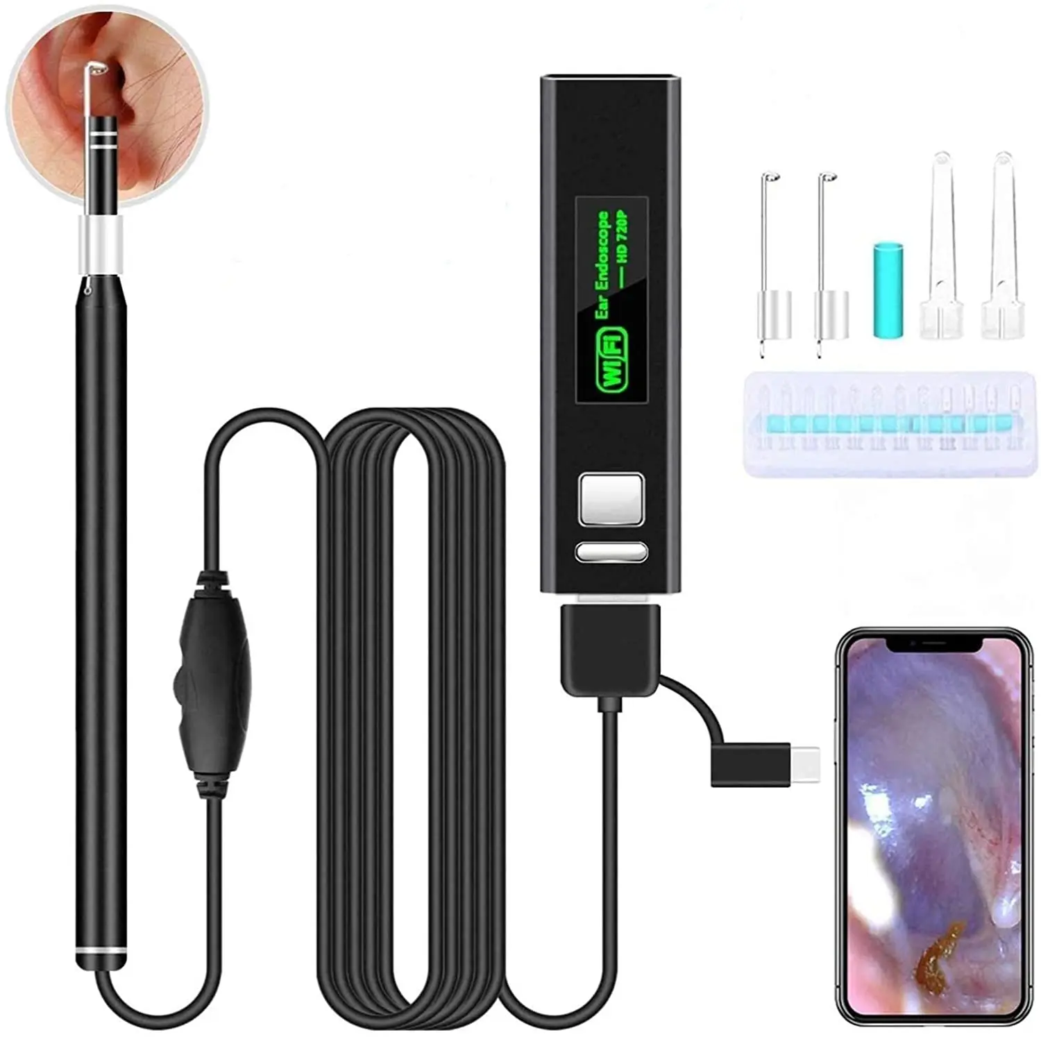 

Wifi Otoscope 5.5mm Ear Cleaner Endoscope for Android Phone Iphone 3 in 1 Ear Inspect Camera 720P Earpicker Wireless Otoscopio