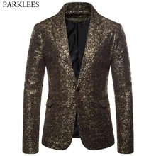 Роскошный блестящий блейзер с золотыми блестками для мужчин, новинка, брендовая приталенная сценическая одежда на одной пуговице, мужские вечерние костюмы для выступлений