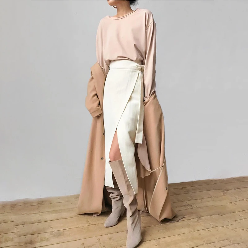 High Waist Split Women's Skirt Belt Bow Asymmetric Long Skirt Female OL Commuter Ladies Sexy Elegant Skirt Jupe Longue Femme