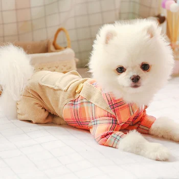 

Boy/Girl Puppy Dog Costume Teddy Chihuahua Dog Cute Pet Cat Jumpsuit Rompers Four Legs Plaid Double Buckle Student Overalls
